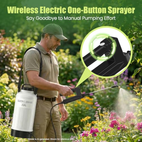 2 Gallon Battery Powered Sprayer, Electric Pump Sprayer with Thickened Tank, Wide Mouth, Kink-Proof Hose, Retractable Wand, 3 Adjustable Nozzles, Shoulder Strap for Lawn and Garden Cleaning