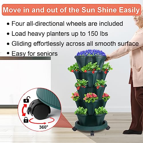 DUNCHATY Stackable Vertical Garden Planter with Wheels, 5 Tier Herb Planter Pots for Growing Vegetables and Succulents, Pine Green - color: Dark Green, size: 5Tier-1 Pack