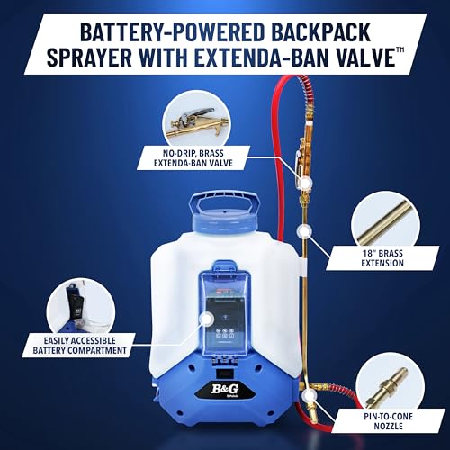 B&G Battery-Powered Backpack Sprayer (2.5 Gallon) – Cordless Electric Sprayer with Extenda-Ban Valve & 18” Extension | 21V 5.2Ah Rechargeable Battery | Adjustable 10-95 PSI | Brass Pin-to-Cone Tip