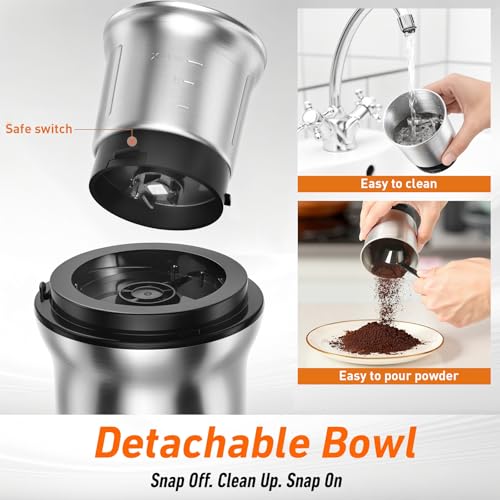 Secura Electric Coffee Grinder and Spice Grinder with 2 Stainless Steel Blades Removable Bowl | 2 Stainless Steel Blades Removable Bowls, For Spice, Coffee Bean, Dry and Wet Ingredients Grinding - color: Stainless, size: 2 removable bowl