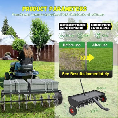 Doniks 52-Inch Tow Behind Lawn Plug Aerator with Universal Hitch, Lawn Aerator Tow Behind with 40 Galvanised Steel Tines,Tray and Inflatable Wheels for Gardens, Lawns, Farms - size: 52inch