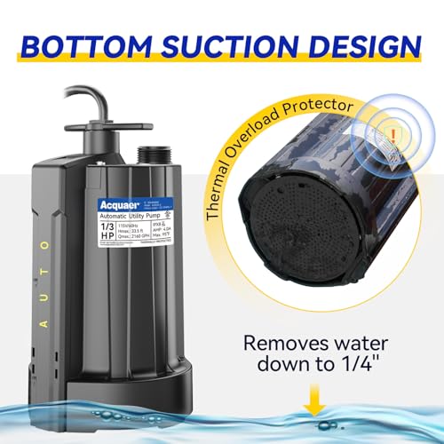 Acquaer 1/3 HP Automatic Submersible Water Pump, 2160 GPH Sump Pump, 115V - color: Black