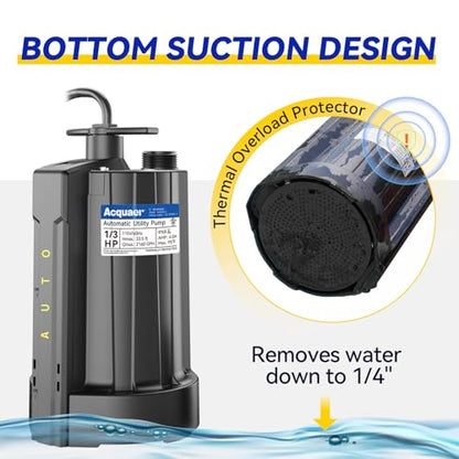 Acquaer 1/3 HP Automatic Submersible Water Pump, 2160 GPH Sump Pump, 115V - color: Black