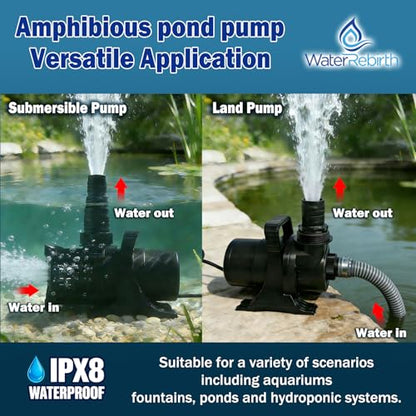 WaterRebirth Pond Pump, 5500GPH 325W Adjustable Flow Submersible Water Pump 18.7ft Max Lift, Copper Motor IPX8 Waterproof for Koi Pond, Waterfall, Fountain, Irrigation & Drainage - size: 5100GPH
