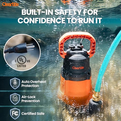 Cleartide Submersible Utility Water Pump, 2160 GPH Portable Sump Pump with Copper Motor, Plug and Work for Pond, Garden Watering, Pool Transfer, or Hot Tub Emptying - style: 1/4 HP Sump Pump