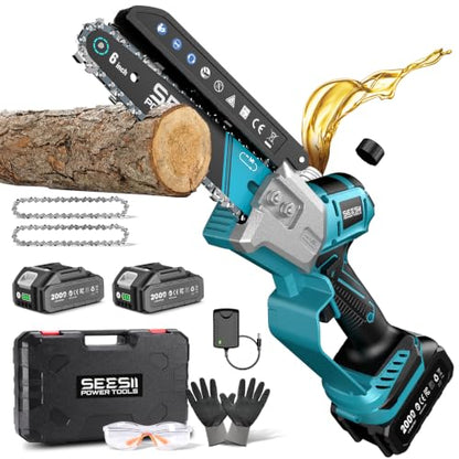 SEESII Mini Chainsaw 6 Inch Brushless, Automatic Oiler - color: Steel Blue