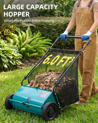 Push Lawn Sweeper, 27.5 in Yard Sweeper with 6 cu ft Bag - color: Green, size: 27.5 in