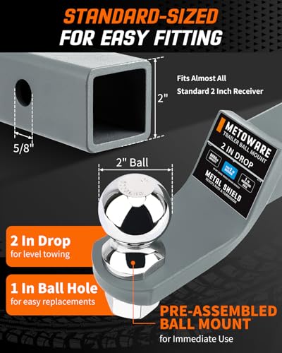 METOWARE Trailer Hitch Ball Mount 2" Drop Fits 2" Receiver, 6000Lbs GTW - color: Gray, size: 2" Drop
