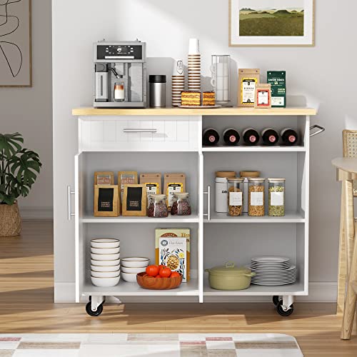 SUNLEI Kitchen Island on Wheels with Storage Cabinet & Drawer, 42" Multifunction Kitchen Cart Cabinet with Shelves, Cart Handle for Towel Rack or Free Mobility, Portable Islands for Kitchen(White) - size: 42-IN