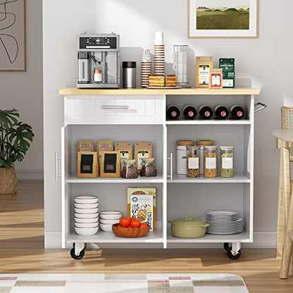 SUNLEI Kitchen Island on Wheels with Storage Cabinet & Drawer, 42" Multifunction Kitchen Cart Cabinet with Shelves, Cart Handle for Towel Rack or Free Mobility, Portable Islands for Kitchen(White) - size: 42-IN