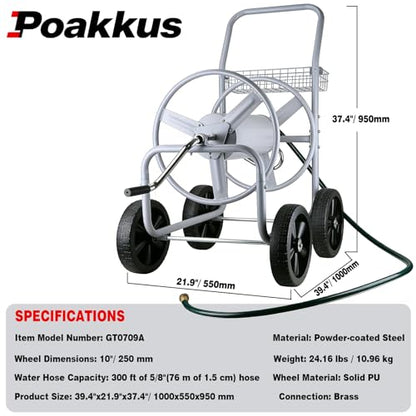 Hose Reel Cart, 300FT of 5/8’’ Hose, Heavy-Duty Water Hose Cart with 4 Wheels, Storage Basket, Portable Water Hose Organizer for Outside Yard, Outdoor Planting Tool (Sliver) - size: 300FT
