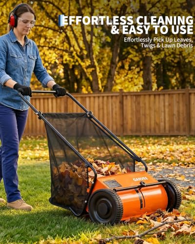 21" Push Lawn Sweeper, 6 Cu.Ft. Hopper, 3 V-Shaped Brushes, Height Adjustable - color: Orange, size: 21in