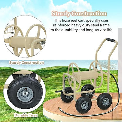 FDW Garden Hose Reel Cart, Water Hose Cart with 4 Wheels, Hold Up to 300 ft of 5/8’’ Hose，Heavy Duty Powder-Coated Steel Planting with Storage Basket, for Garden, Yard and Lawn - color: Tan