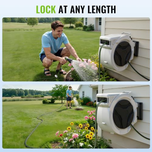 100 FT x 1/2 Inch Retractable Garden Hose Reel for Garden Watering | Any-Length Lock, 10-12s Auto Rewind, 10 Spray Modes, 180° Swivel For Yard, Cars, Patio & Outdoor Cleaning - color: Silver