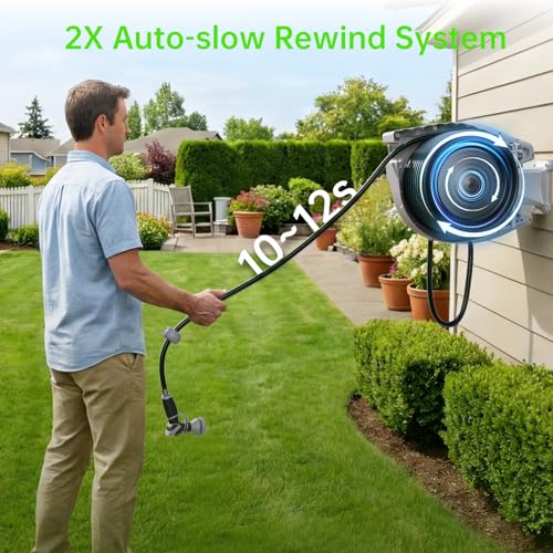 Retractable Garden Hose Reel, Wall Mounted 100 FT 5/8inch Water Hose Reel | Any-length Lock, 11s Upgraded Auto Rewind, 9 Spray Modes, 180° Swivel for Watering, Car Washing and Outdoor Use - color: Gray