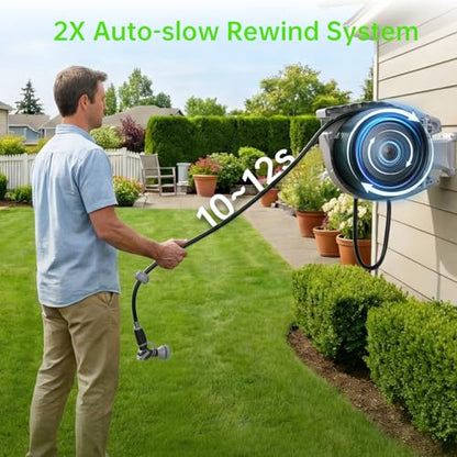 Retractable Garden Hose Reel, Wall Mounted 100 FT 5/8inch Water Hose Reel | Any-length Lock, 11s Upgraded Auto Rewind, 9 Spray Modes, 180° Swivel for Watering, Car Washing and Outdoor Use - color: Gray
