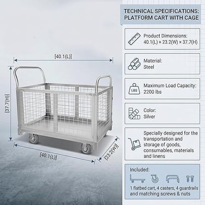 2200 LBS Heavy Duty 4-in-1 Folding Wire Mesh Cage Cart, Steel Platform Truck with Removable Guardrails for Warehouse, Industrial, and Home Use