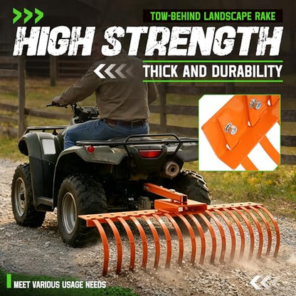 48" Tow Behind Rake 2" Receiver ATV UTV Tractors Heavy-Duty Steel Orange
