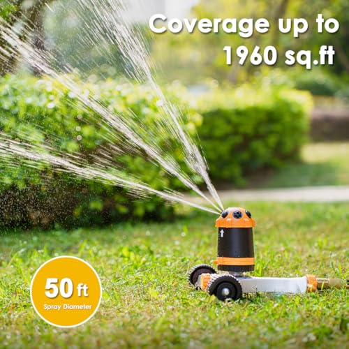 FANHAO Gear Drive Sprinkler with Metal Wheel Base, Portable Lawn Sprinkler