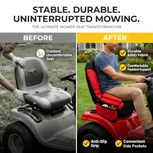 Lawn Mower Seat Cover Weatherproof Anti-Slip Tractor Seat Cover for Craftsman, Cub Cadet,Toro,Kubota,John Deere Riding Mower (M,Black&Red) - size: Deluxe Medium+Non-Slip Silicone+ Pockets
