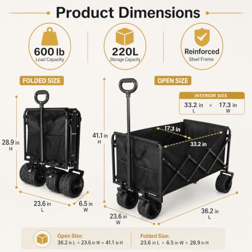 Wagons Carts Foldable Heavy Duty, 600 lb Tank Wheel Wagon with Brakes - color: Light Black