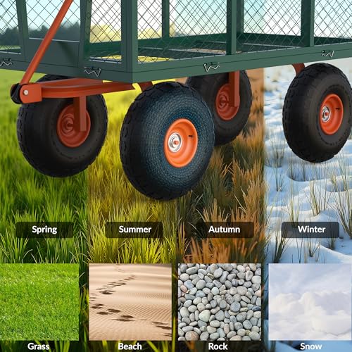 GarveeTech Steel Garden Cart, 500 LBS, 3 in-1 Folding Utility Wagon with Removable Sides, 10 in Tires, 180° Rotating Handle for Outdoor, Farm, Lawn and Garden, Heavy Duty Flatbed, Green & Orange - size: 500 LBS