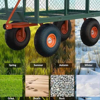 GarveeTech Steel Garden Cart, 500 LBS, 3 in-1 Folding Utility Wagon with Removable Sides, 10 in Tires, 180° Rotating Handle for Outdoor, Farm, Lawn and Garden, Heavy Duty Flatbed, Green & Orange - size: 500 LBS