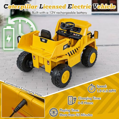 Costzon Ride on Dump Truck, 12V Licensed Caterpillar Kids Electric Vehicle W/Remote Control, Megaphone, Shock Absorbers, Dump Bed, MP3, Ride on Construction Vehicle for Kids, Gift for Boys Girls 3-6