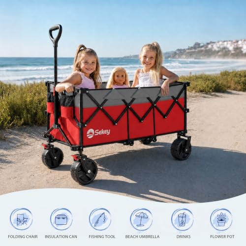 Sekey 300L Extended Collapsible Wagon, 660 lb Capacity, 48 in Long - color: Red&grey