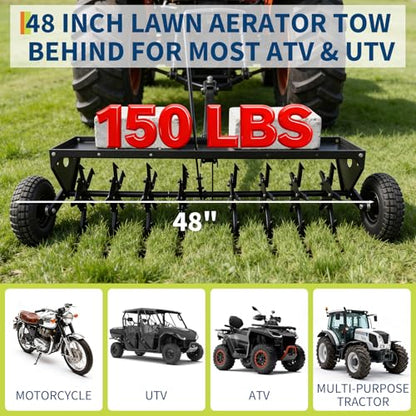 48-Inch Heavy Duty Tow Behind Plug Aerator - Universal Hitch for Lawn Tractors & ATVs, 3-Inch Deep Aeration with 150lb Weight Tray for Lawn, Farm, Garden and Yard Care