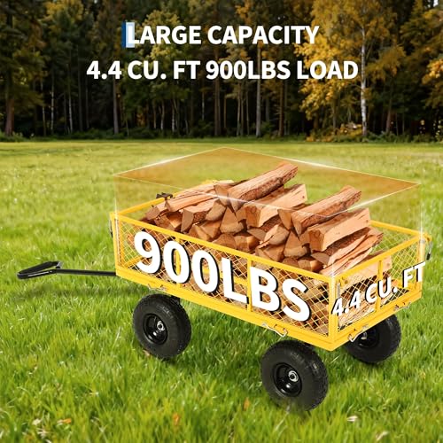 900 Lb Capacity Heavy Duty Steel Garden Cart – 2-in-1 Utility Wagon with Removable Mesh Sides, 10" All-Terrain Tires, Flatbed Conversion, 180° Rotating Handle – Perfect for Lawn, Garden & Backyard - color: Yellow