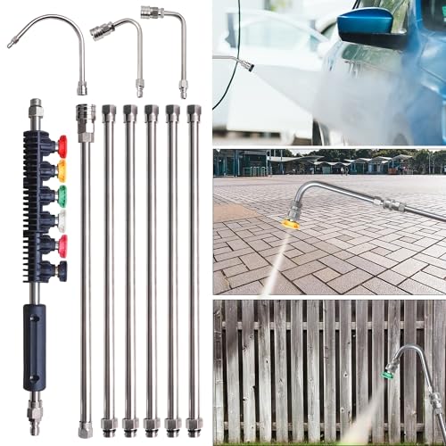 Xiny Tool Pressure Washer Extension Wand, 10 Pack Power Washer Lance with 6 Atomization Nozzle Tips,1 Gutter Cleaner Attachment Curved Rod, 1/4" Quick Connect, 4000 PSI