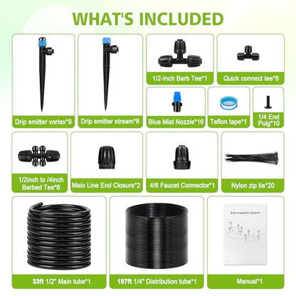 230FT New Quick-Connect Drip Irrigation System Kit, Automatic Garden Watering Misting System for Greenhouse, Yard, Lawn, Plant with 1/2 inch Hose 1/4 inch Distribution Tubing and Accessories - size: 33FT 1/2''Main tube+197FT 1/4'' tube