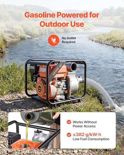 VEVOR Gas Powered Water Pump, 3 in, 242 GPM 7HP Semi Trash Water Transfer Pump Portable, Gasoline Engine with 25 ft Discharge Hose, Heavy Duty Frame, Cast Iron Impeller, for Irrigation, Ponds, Pools - size: 3in 7.0 HP 242GPM