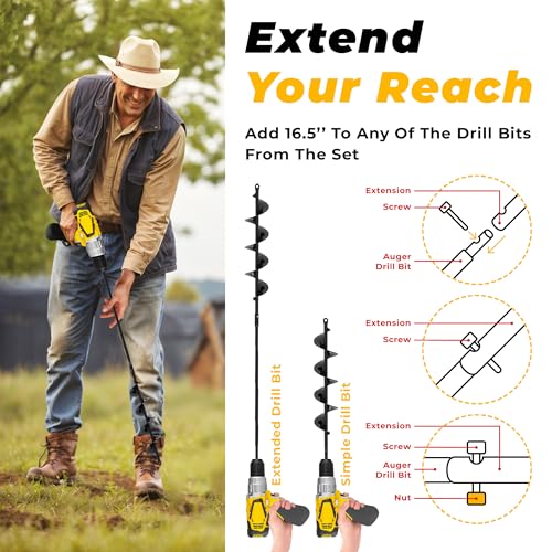 Auger Drill Bit for Planting 2x32'' - with Extension -3/8'' Hex Drive Drill - size: 1 Bit