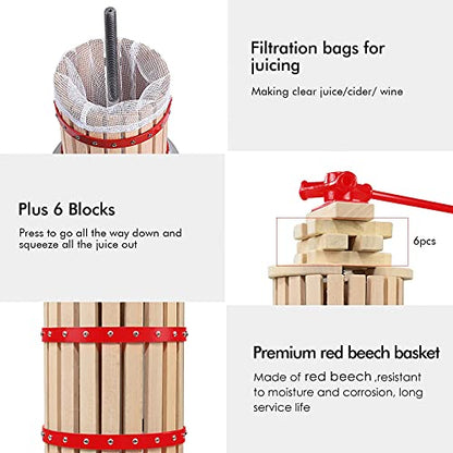 1.6 Gallon Fruit Wine Press with 2 Pack Filter Bag - 100% Nature Apple&Grape&Berries Crusher Manual Juice Maker for Kitchen, Solid Wood Basket with 6 Blocks Cider Heavy Duty Wine Making Press
