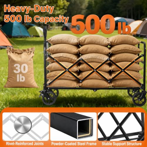 Wagons Carts Foldable, 500 lb 220L Collapsible Wagon with Brakes - color: Charcoal