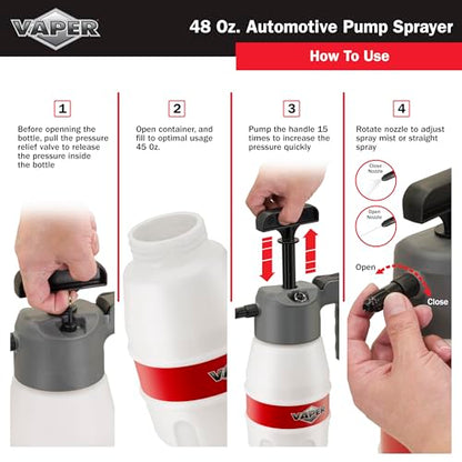 Vaper 19495 48oz Automotive Pump Sprayer, Pressurized Sprayer with Durable, High-Density Polyethylene Construction, Adjustable Nozzle for Multiple Spray Patterns