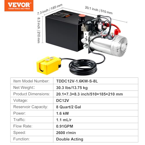 VEVOR 8 Quart Hydraulic Power Unit DC12V 1.6KW Double Acting Hydraulic Pump - size: 8 Quart, style: Double Acting