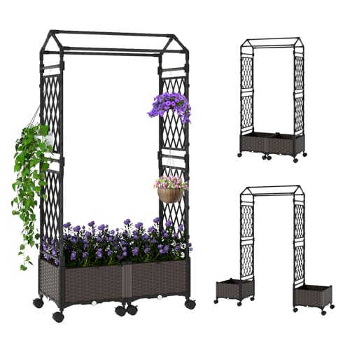 Giantex Planter Boxes with Arch Trellis, 5FT Self-Watering Tall Raised Garden Bed w/Wheels, Hanging Roof & Drainage Holes, Outdoor Indoor Tomato Planter for Climbing Vines Vegetables (61"x16"x64") - size: 61"x16"x64"