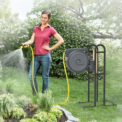 Retractable Hose Reel Stand, No Wall Damaged Freestanding Hose Holder Post
