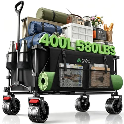 400L Folding Wagon Cart with Brakes & Removable Table, 580lbs Heavy Duty Collapsible Wagon, Big All-Terrain Wheels for Camping, Sports, Grocery, Outdoor - Black - color: Black-big