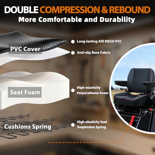 Universal Forklift Seat, Fold Down Tractor Seat with Adjustment Armrest, Safety Belt and Operator Position Switch, Excavator Skid Loader Backhoe Dozer Telehandler