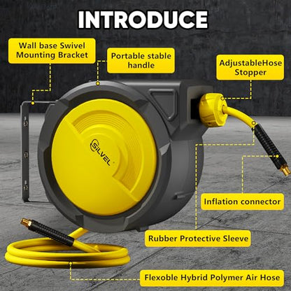 SILVEL Retractable Air Hose Reel, 3/8 in x 80FT Hybrid Hose Max 300PSI, Air Compressor Hose Reel with 6.5Ft Lead in, Auto-Rewind & 180° Swivel Bracket, Ceiling/Wall Mount for Garage, Workshop, DIY - size: 80FT