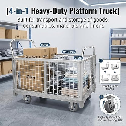 2200 LBS Heavy Duty 4-in-1 Folding Wire Mesh Cage Cart, Steel Platform Truck with Removable Guardrails for Warehouse, Industrial, and Home Use