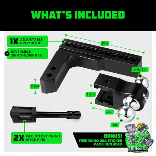 Rhino USA Adjustable Trailer Hitch (2.5in Receiver) - 10in Drop/Rise - color: Black, size: 2.5"x10"