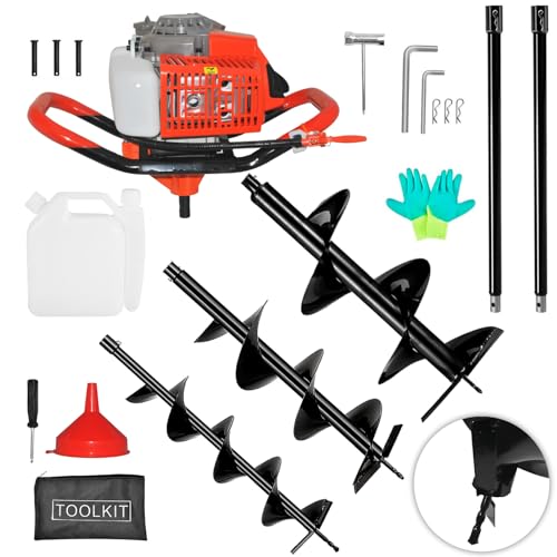 Post Hole Digger,72CC 2 Stroke Auger Post Hole Digger, Gas Powered Earth Digger 3 Auger Drill Bits(4"&8"&12'') and 2 Extension Rods for Farm Garden Plant (72cc Morden Digger) - style: 72cc morden Digger