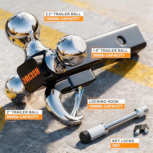 ORCISH Tri-Ball Trailer Hitch Mount with Tow Hook & Lock for 2" Receiver - color: 2"-Standard Plus-Chrome