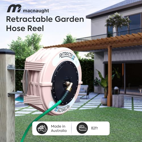 Macnaught Retractable Garden Hose Reel, 82 Ft Water Hose Reel Heavy Duty Retractable Hose with Metal 180° Swivel Rotation Bracket for Wall Mount - Beige - color: Beige, size: 82ft