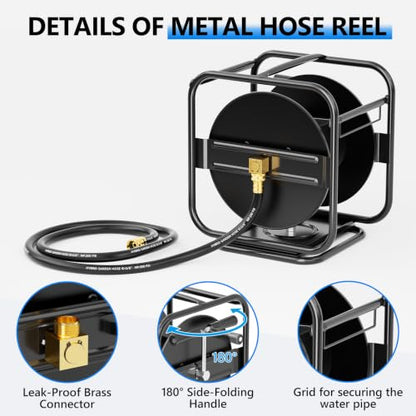 SPECILITE Metal Garden Hose Reel, 360° Rotation Frame, 65-90 FT, Black